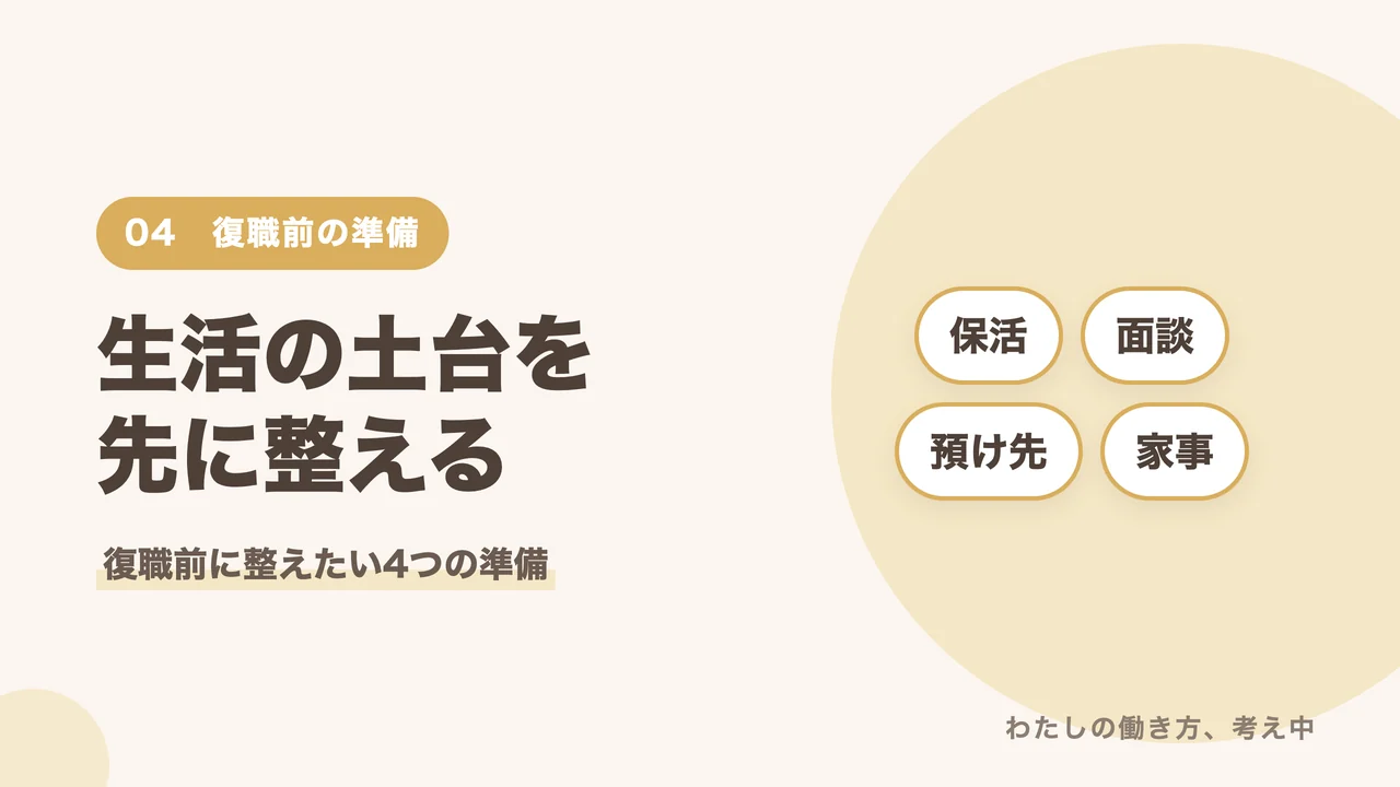 復職前に整えたい4つの準備(保活・面談・預け先・家事)を紹介するバナー